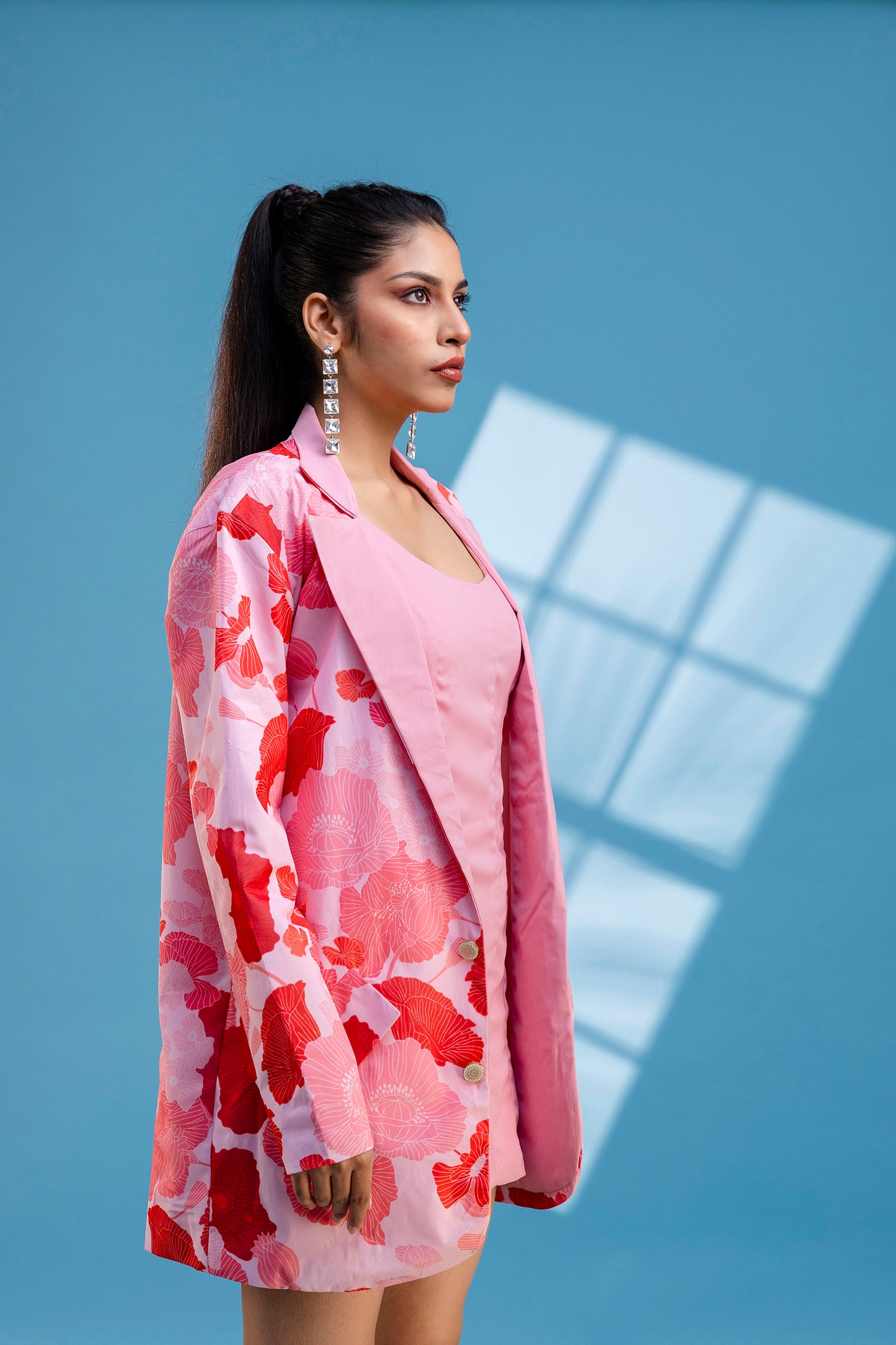 Dusty Pink & Red Floral Print Blazer Set