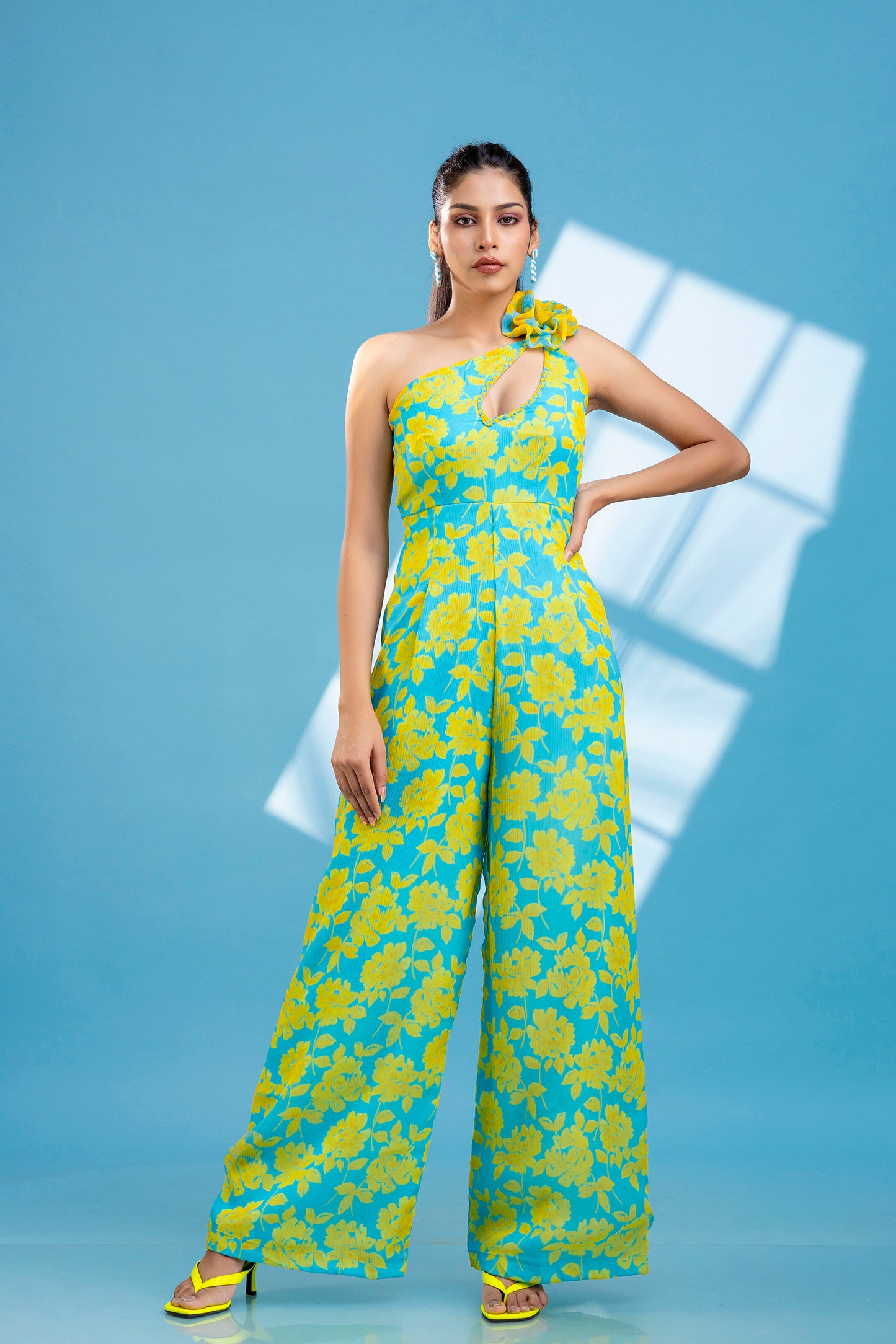 Turquoise Floral Print Keyhole Jumpsuit