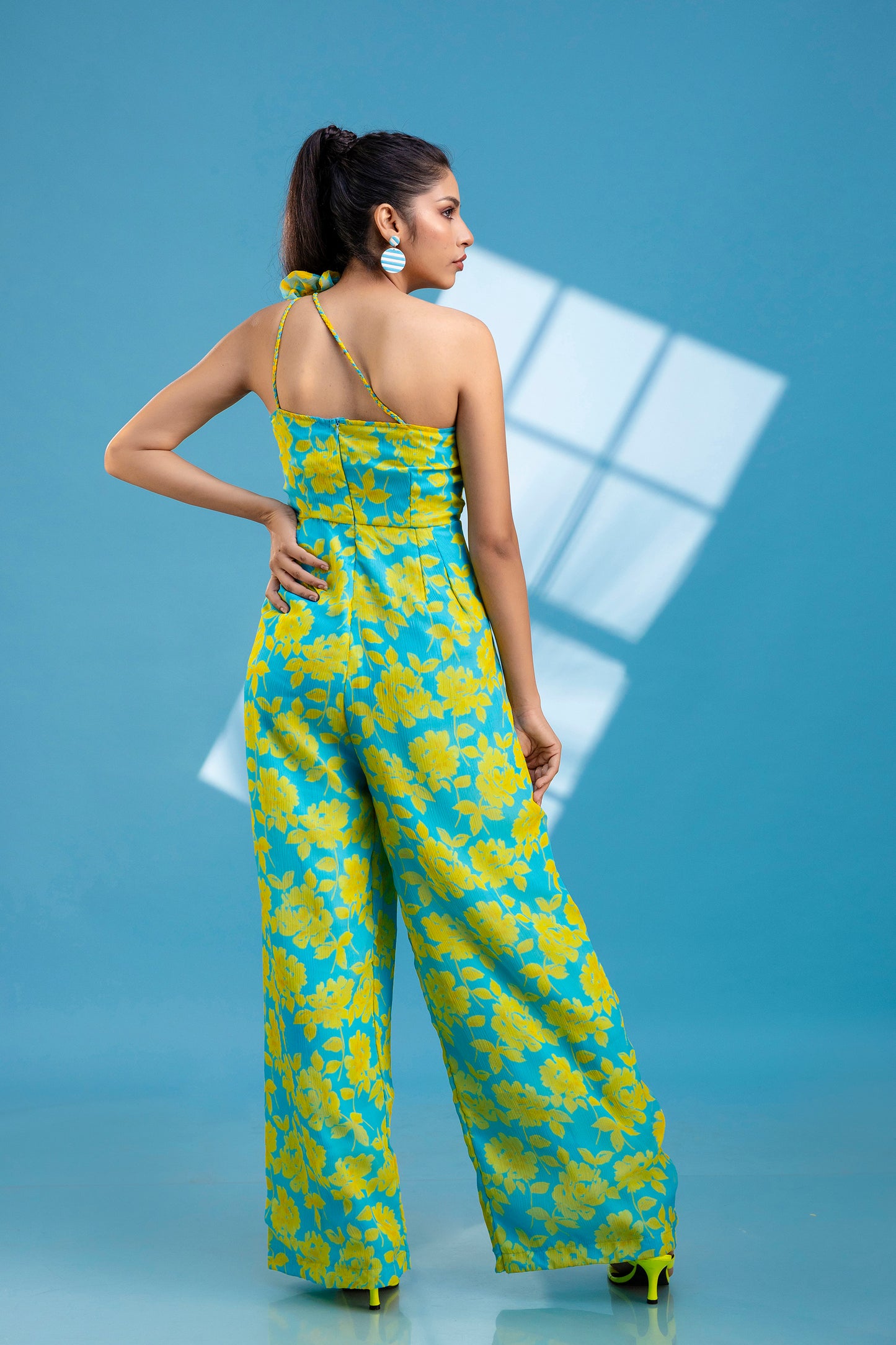 Turquoise Floral Print Keyhole Jumpsuit