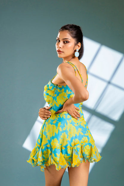 Turquoise Floral Print V-neck Dress