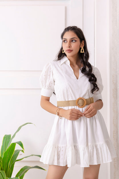 White Puff Sleeve Cotton Schiffley Dress