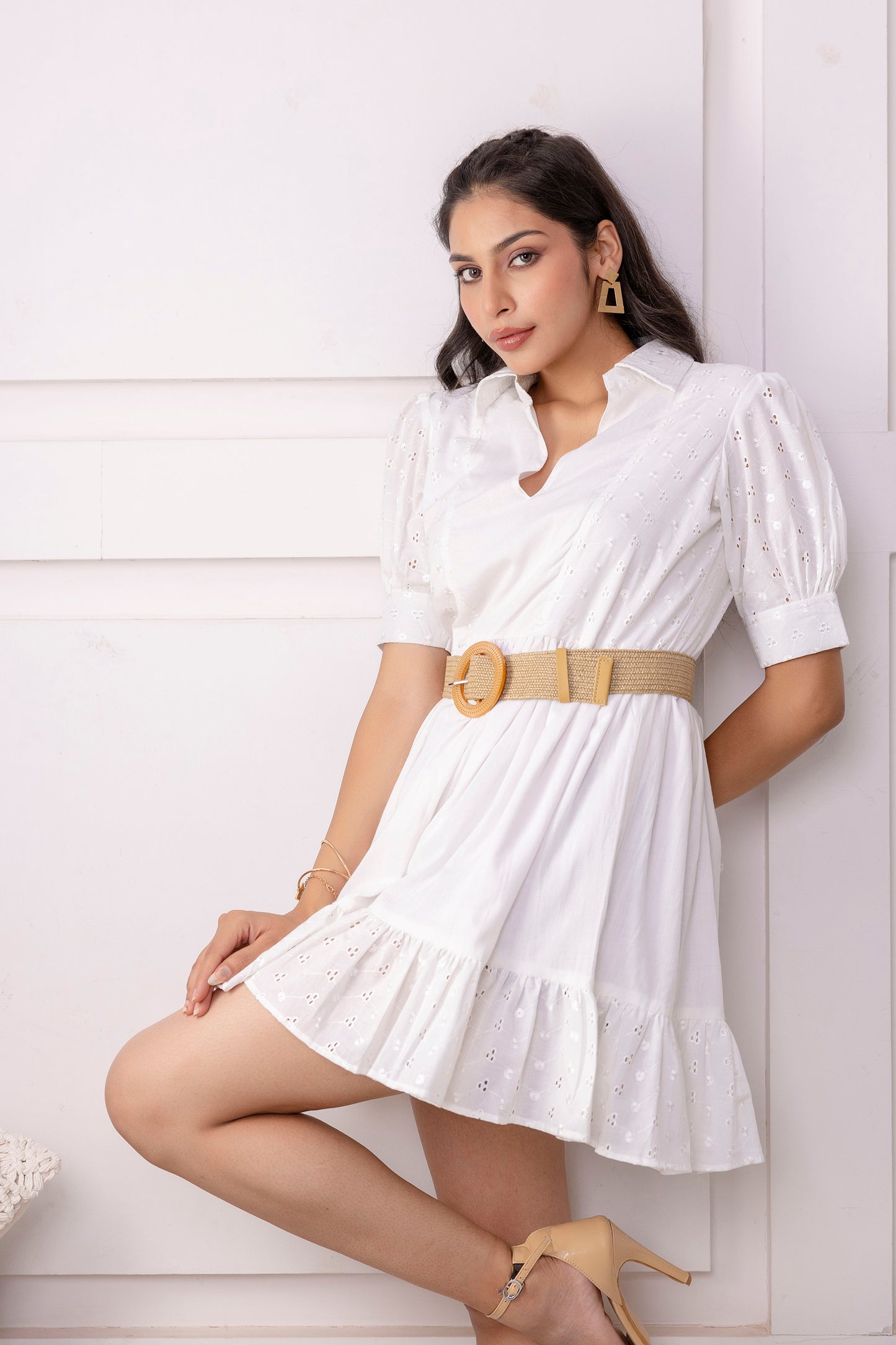 White Puff Sleeve Cotton Schiffley Dress