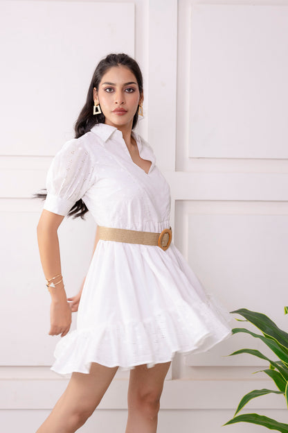 White Puff Sleeve Cotton Schiffley Dress