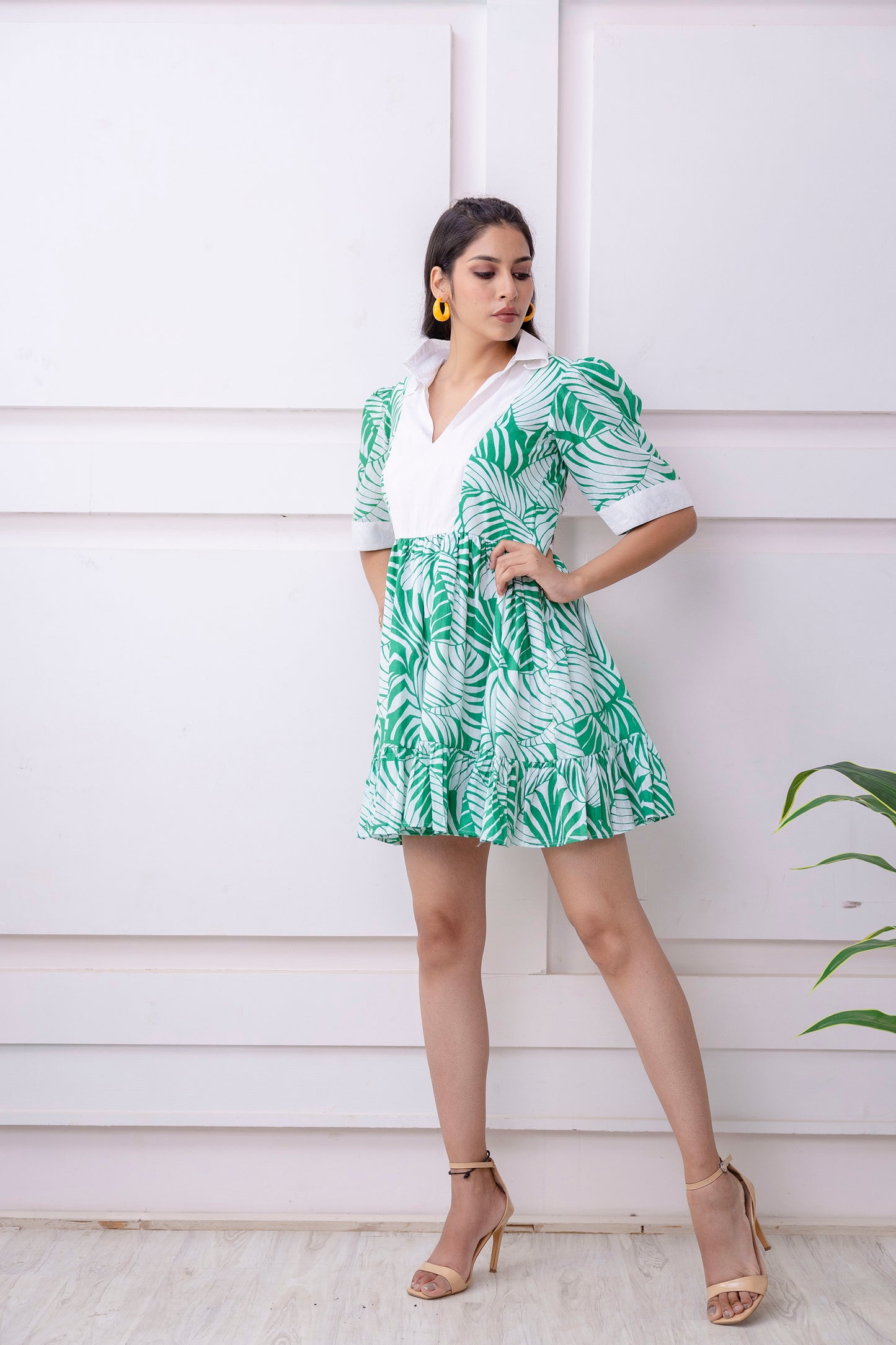 White & Green Tropical Print Cotton Dress