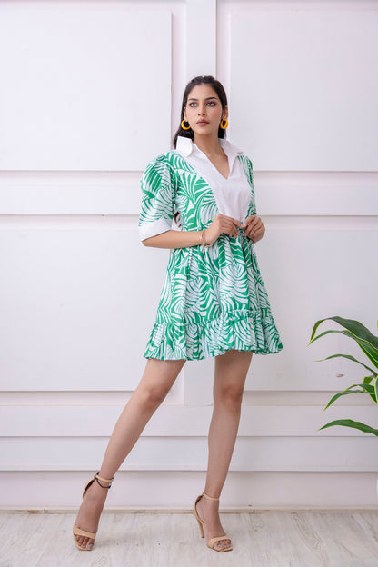 White & Green Tropical Print Cotton Dress