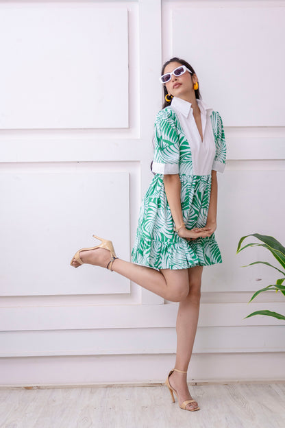 White & Green Tropical Print Cotton Dress