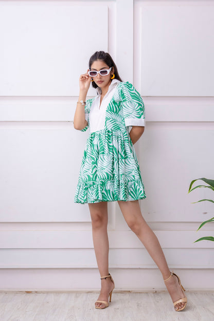 White & Green Tropical Print Cotton Dress