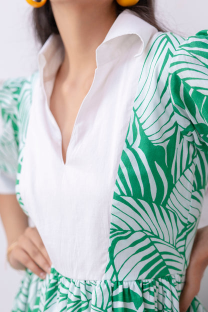 White & Green Tropical Print Cotton Dress