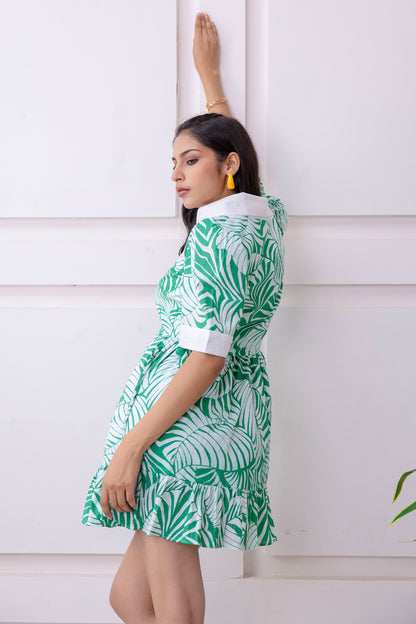 White & Green Tropical Print Cotton Dress