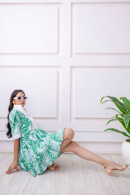 White & Green Tropical Print Cotton Dress