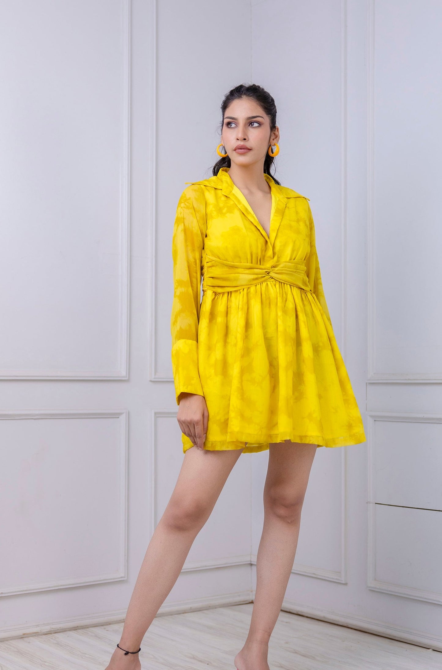 Yellow Shadow Print Chiffon Dress