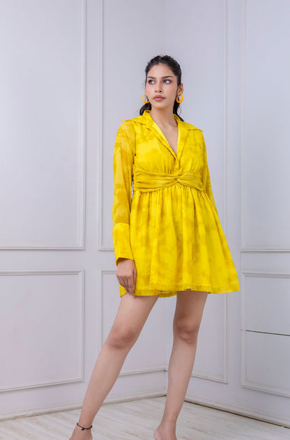 Yellow Shadow Print Chiffon Dress