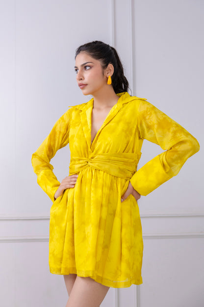 Yellow Shadow Print Chiffon Dress