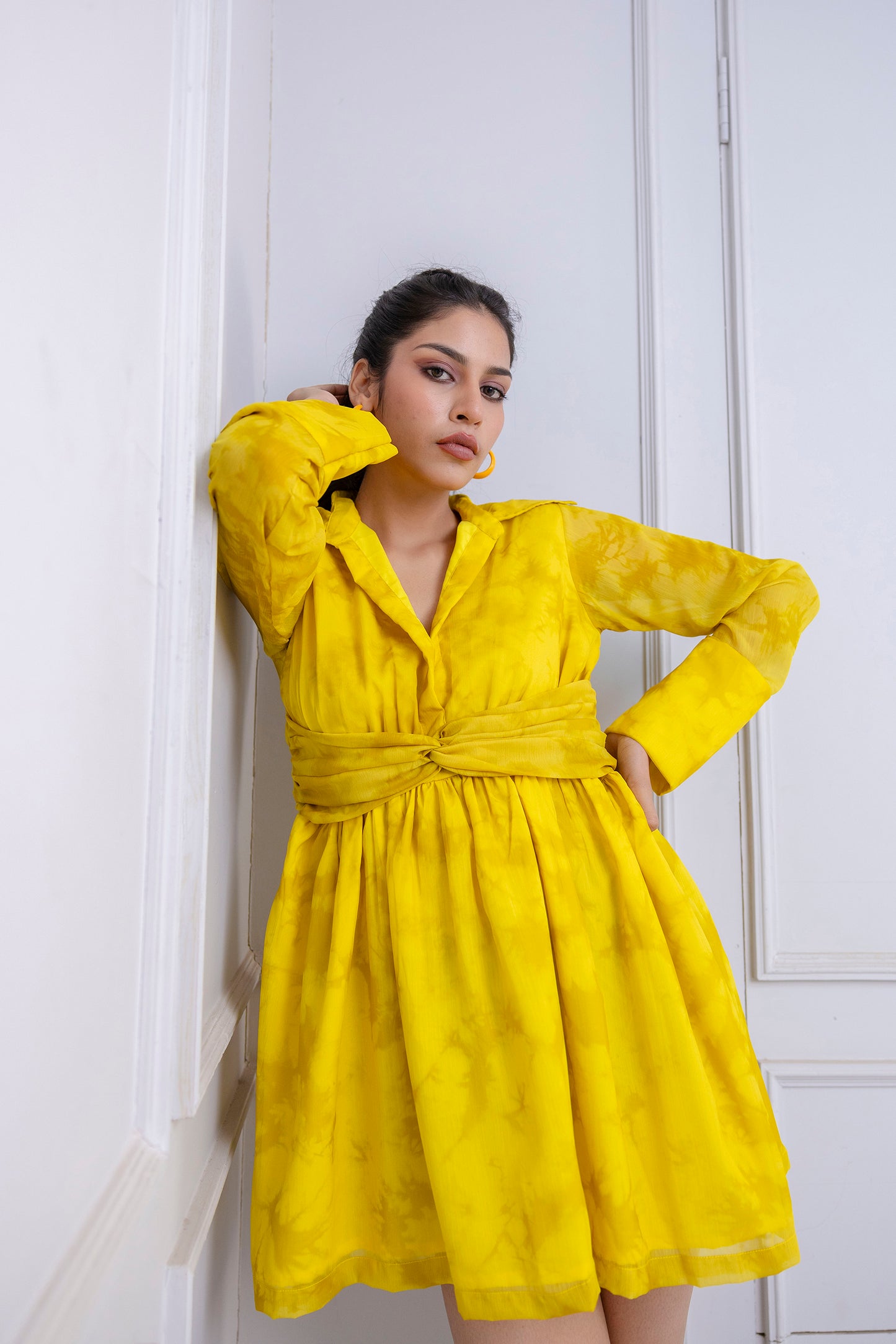 Yellow Shadow Print Chiffon Dress