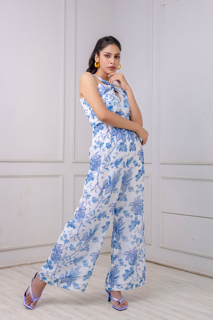 White & Blue Floral Print Keyhole Jumpsuit