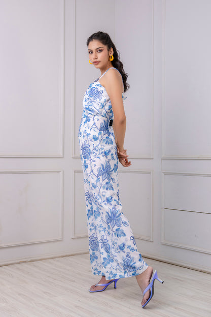 White & Blue Floral Print Keyhole Jumpsuit