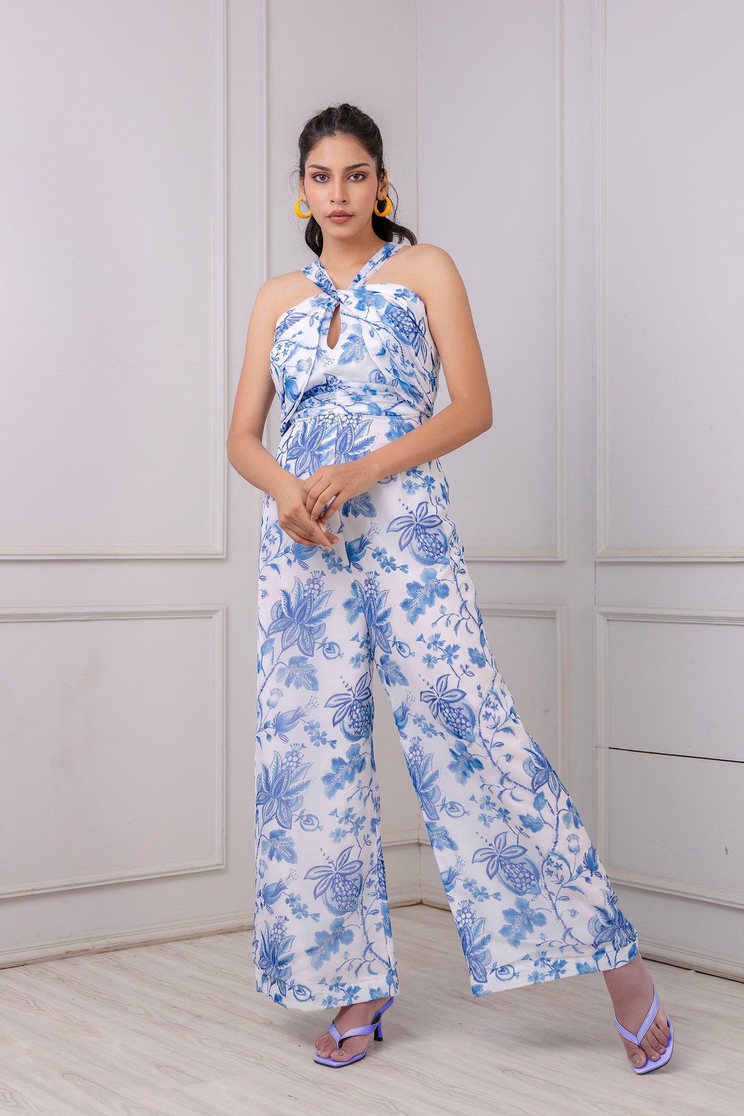 White & Blue Floral Print Keyhole Jumpsuit