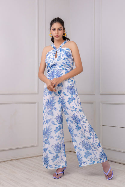 White & Blue Floral Print Keyhole Jumpsuit