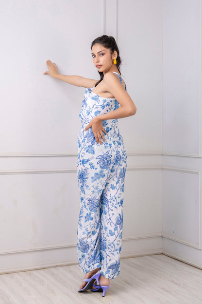 White & Blue Floral Print Keyhole Jumpsuit