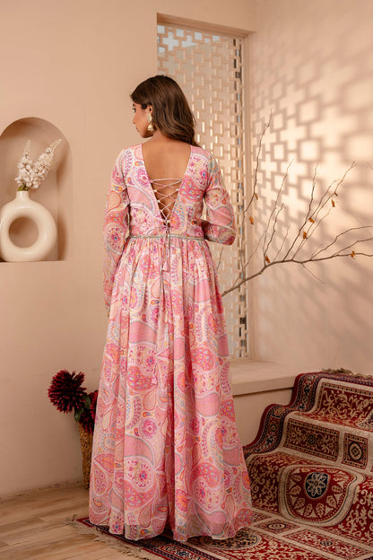 Pink Paisley Print Long kurta with Lace