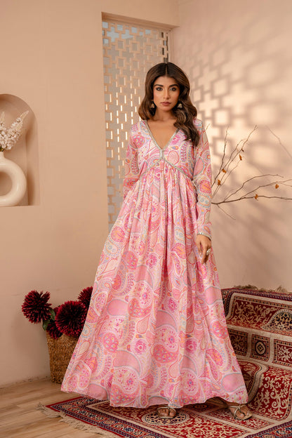 Pink Paisley Print Long kurta with Lace