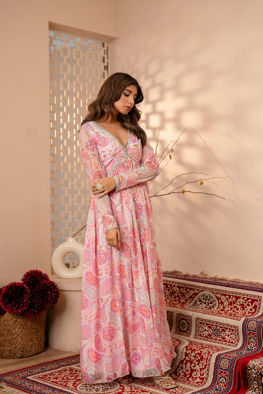 Pink Paisley Print Long kurta with Lace