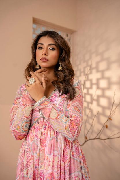 Pink Paisley Print Long kurta with Lace