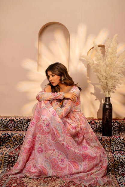 Pink Paisley Print Long kurta with Lace