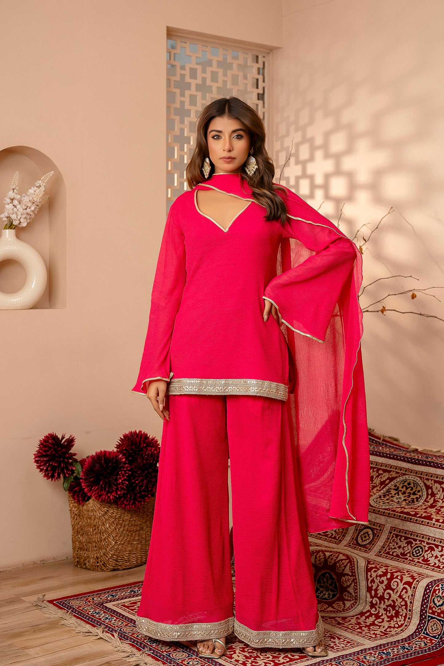 Pink Festive Kurti Sharara Embellished Lace