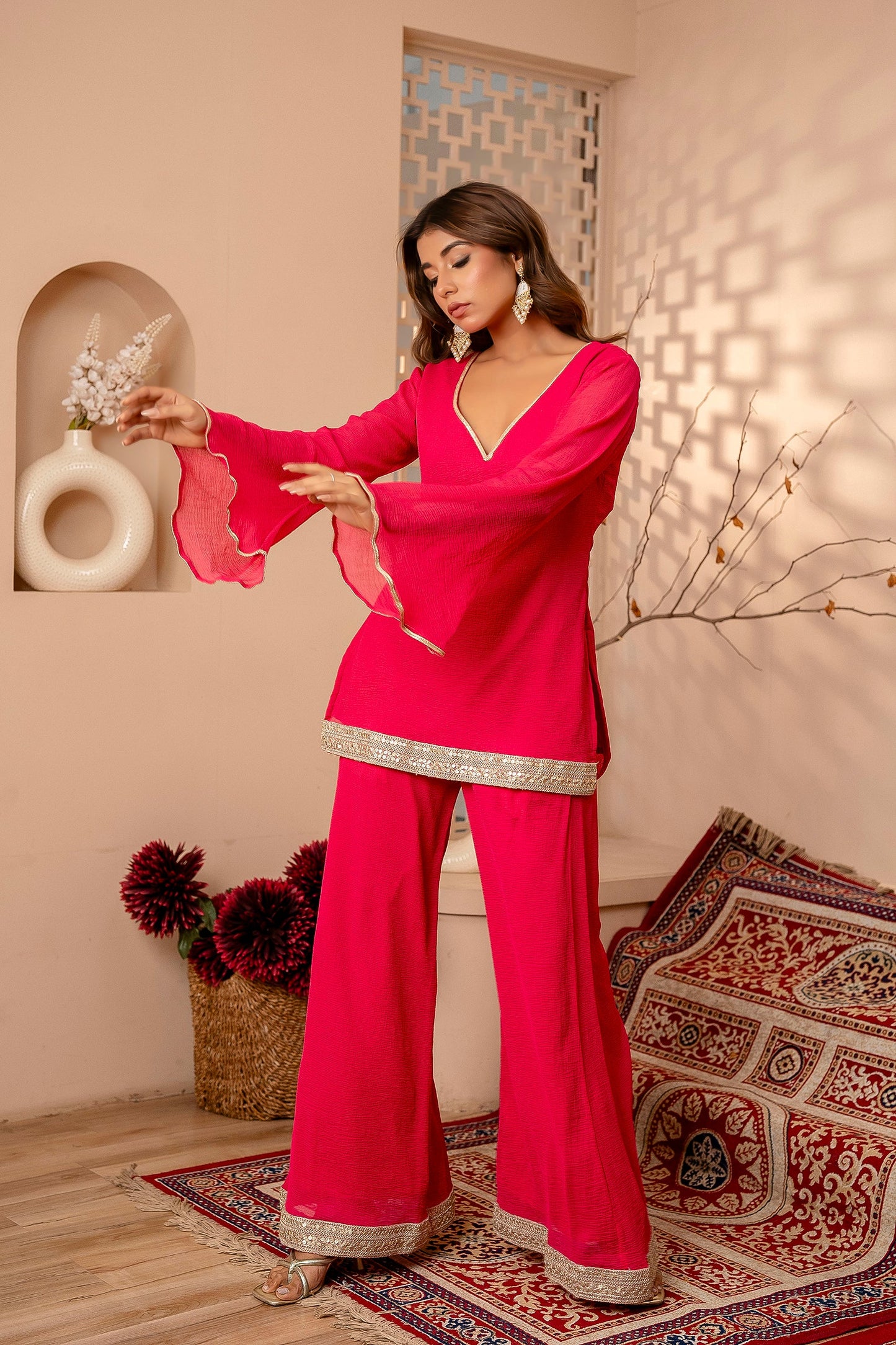 Pink Festive Kurti Sharara Embellished Lace