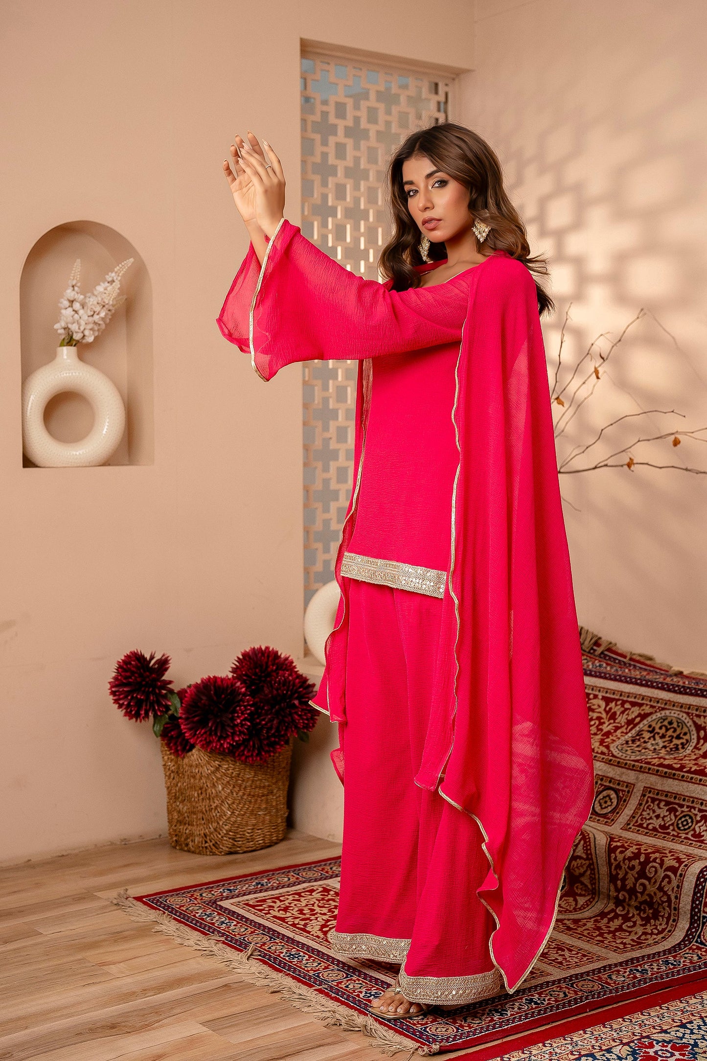 Pink Festive Kurti Sharara Embellished Lace